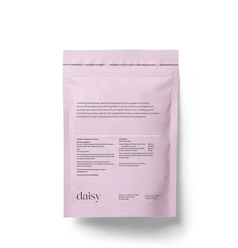 Image of the back of the packaging of DAISY Morning Relief Raspberry, Lemon & Ginger (15 Serves) 180g